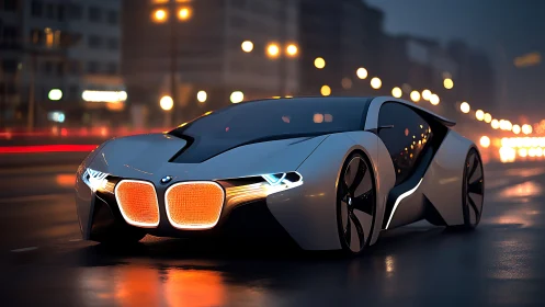 Futuristic BMW concept car on wet urban night roadway.
