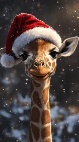 Giraffe wearing Santa hat in softly lit winter scene.
