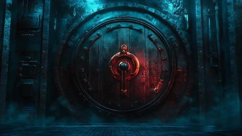 Mysterious glowing vault door in moody neon shadows.