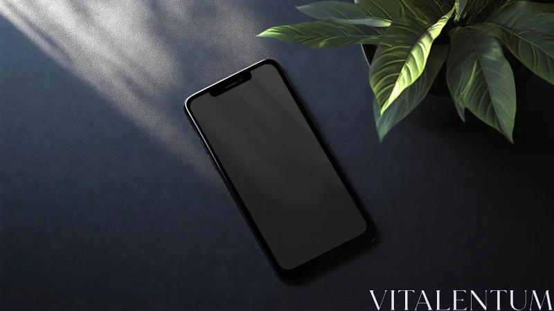 Smartphone with dark screen on textured surface next to green plant foliage