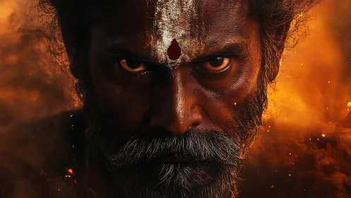 Intense male portrait with ash marking against fiery backdrop.