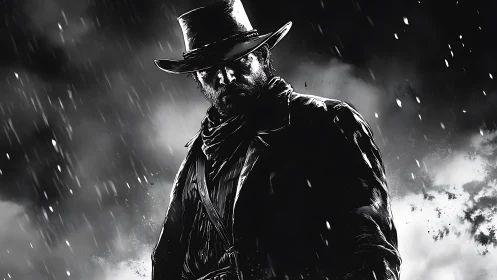 Lone cowboy figure stands in heavy rain under storm clouds