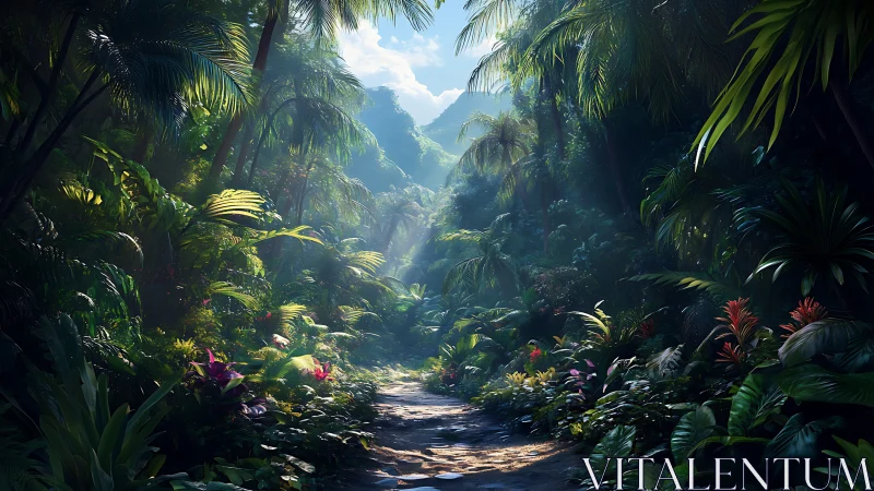 Dense Tropical Rainforest Corridor with Layered Canopy Composition.