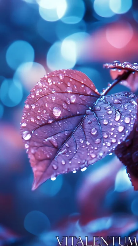 Rain-kissed violet leaf under neon twilight bokeh spell.