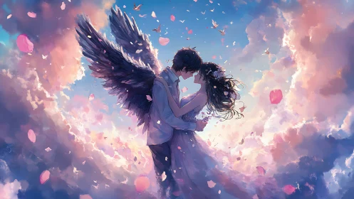 Lovers share a gentle kiss in glowing, petal-filled clouds