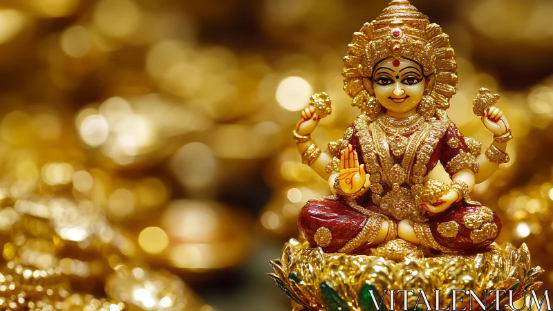 Golden Lakshmi idol sits centered amid blurred gold background