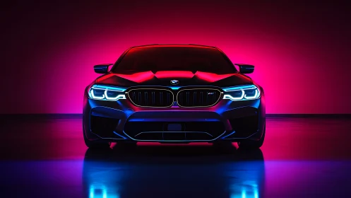 Sport sedan front view under neon pink and blue lights.