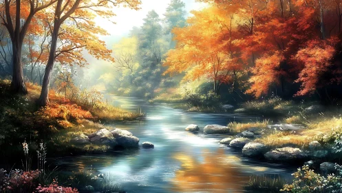 Golden autumn river glows softly beneath warm morning light
