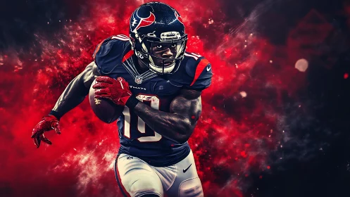 Dynamic football running back charges through blazing red smoke