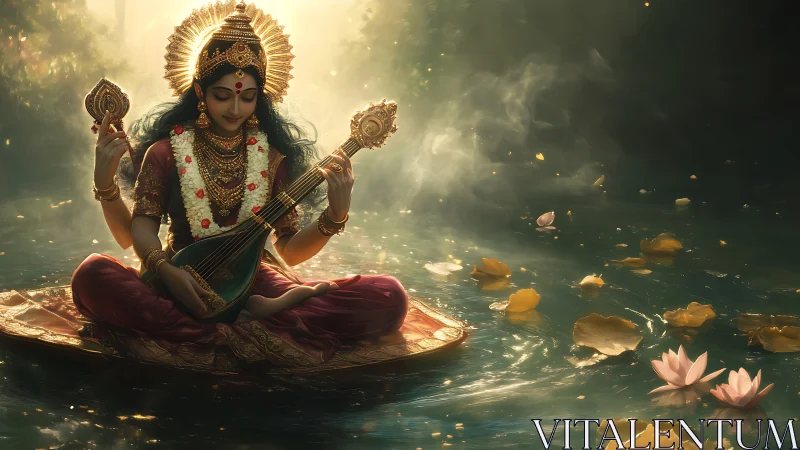 Golden river goddess strumming lotus-light melodies.