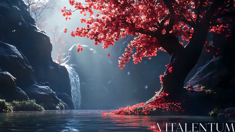 Radiant crimson tree beside misty waterfall lagoon at dusk.