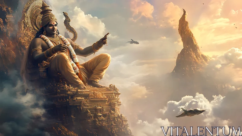 Celestial guardian resting above clouds in golden calm.