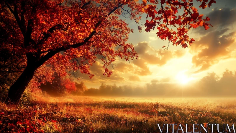 Autumn blaze crowns a misty meadow in molten sunrise light.