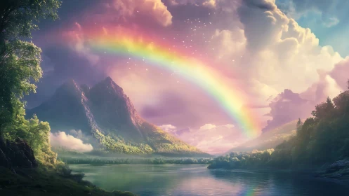 Glowing rainbow arcs over tranquil mountains and misty river