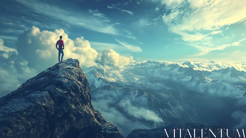 Lone hiker stands on rugged peak above vast clouded range.