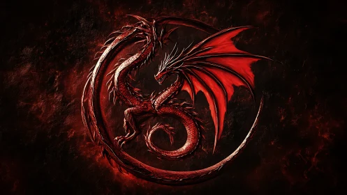 Crimson wyrm coils into a blazing circular sigil of power.