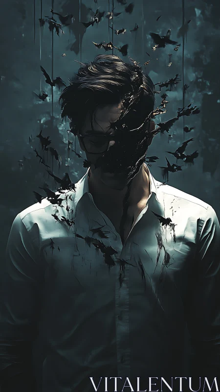 Male figure dissolving into dark fragments on teal field.