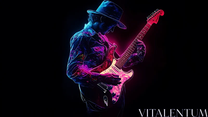 Neon-laced guitarist carves electric riffs from midnight air