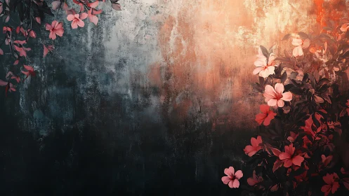 Weathered Wall Blooming Pink Flowers Gradient Decay