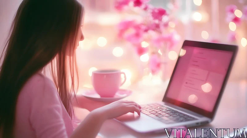 Side-lit woman using laptop in pink bokeh workspace ambience
