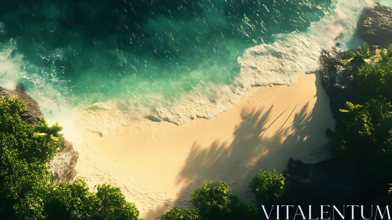 Aerial beach cove with turquoise water and sandy shore