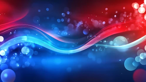 Neon red and blue light waves cross luminous bokeh field.