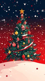 Decorated conifer tree stands centered against gradient sky