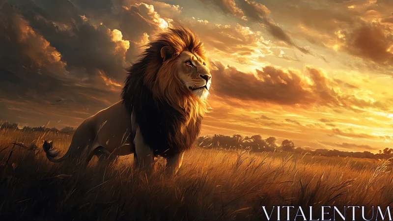 Male lion in golden savanna grass under dramatic sunset sky