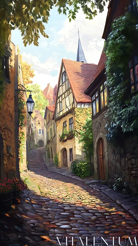 Sunlit cobblestone lane through a cozy storybook village.