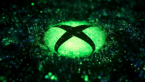 Luminous voxel-field rendering of neon green gaming emblem.