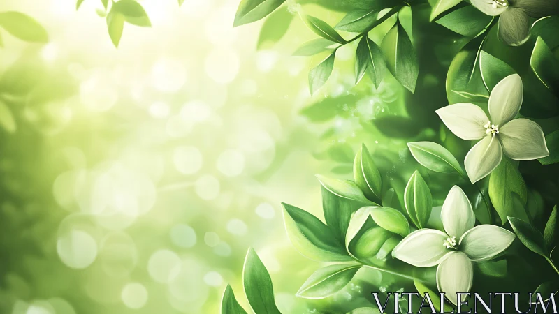 Green foliage background with white flowers and bokeh light.