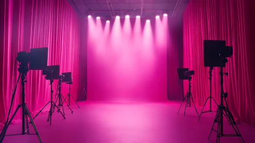 Studio stage washed in vivid pink theatrical lighting.