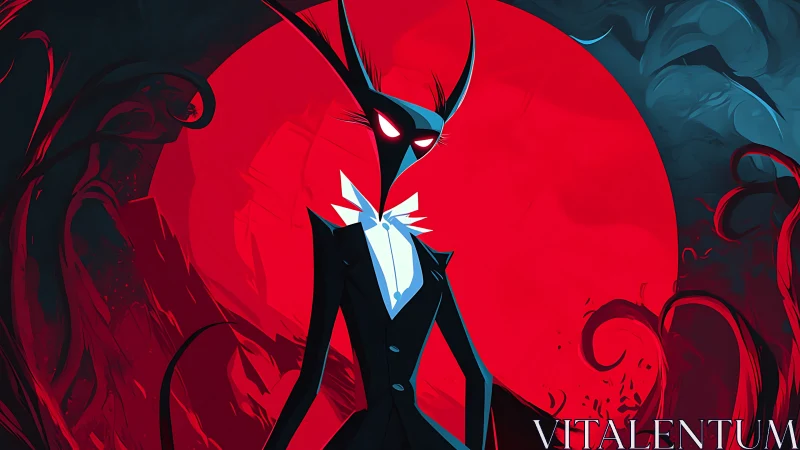 Elegant demonic figure poised before a crimson eclipse.