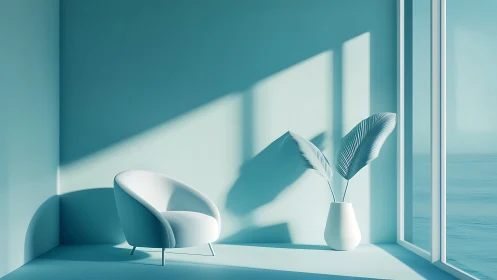 Minimalist Interior with Curved Furniture, Plant, and Geometric Shadow Play