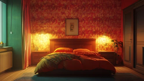 Warm bedroom interior with orange accent wall and bedside lighting