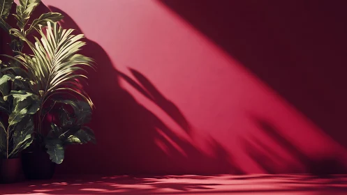 Soft afternoon light with lush plants on crimson wall.