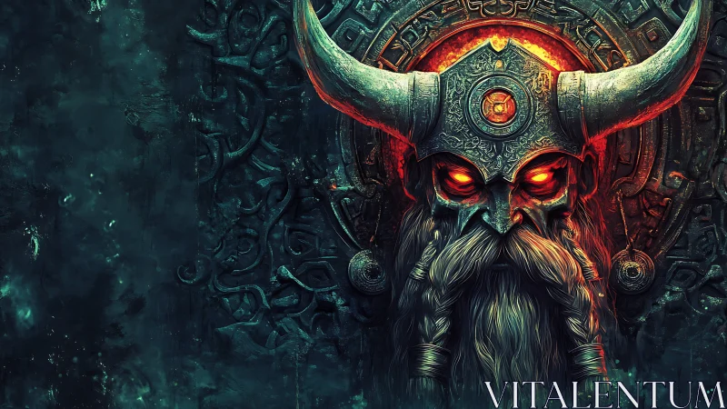 Horned warrior skull with glowing eyes against carved wall.