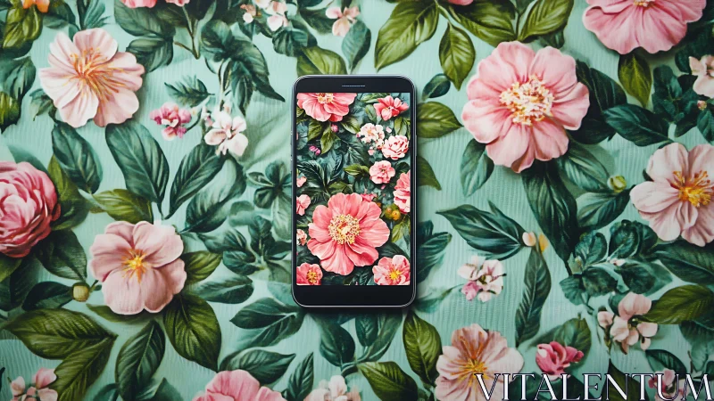 Smartphone displaying floral wallpaper on botanical print background