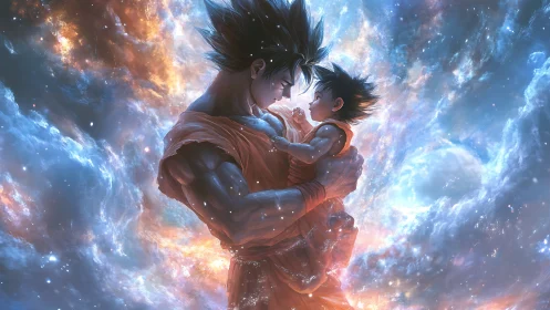 Warrior father cradles child in luminous cosmic embrace