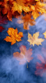 Orange maple leaves floating over blue misty surface.