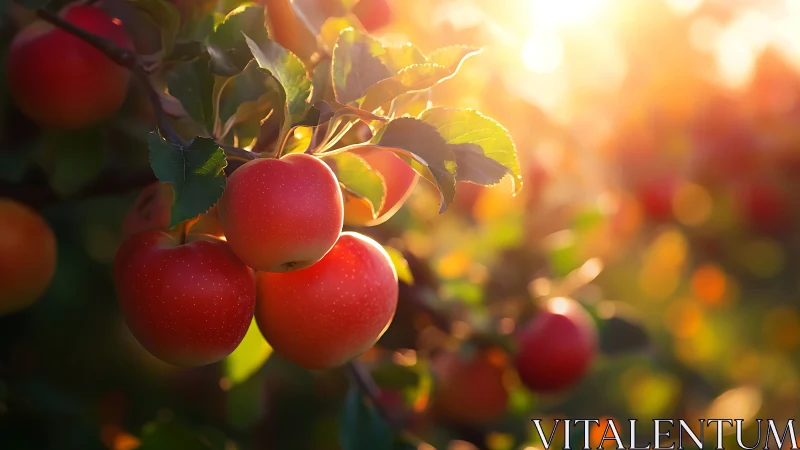 Backlit ripe apples on branch in shallow depth of field orchard