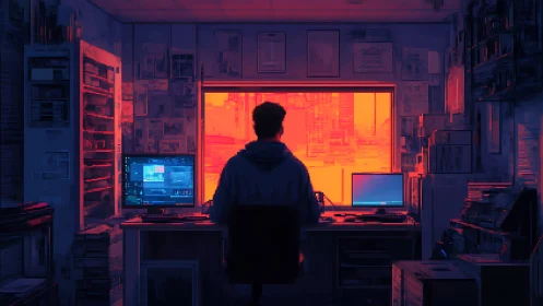 Solitary programmer studies neon city through glowing window