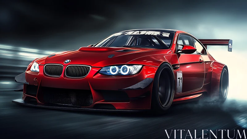 Red BMW GT race car in dynamic cornering motion at speed