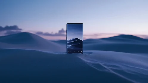 Smartphone stands upright in blue desert dunes at dusk