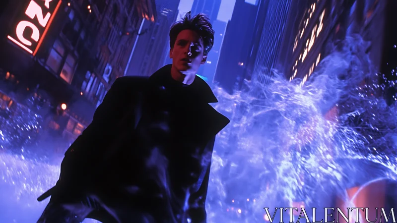 Mysterious city wanderer bathed in electric blue night glow.