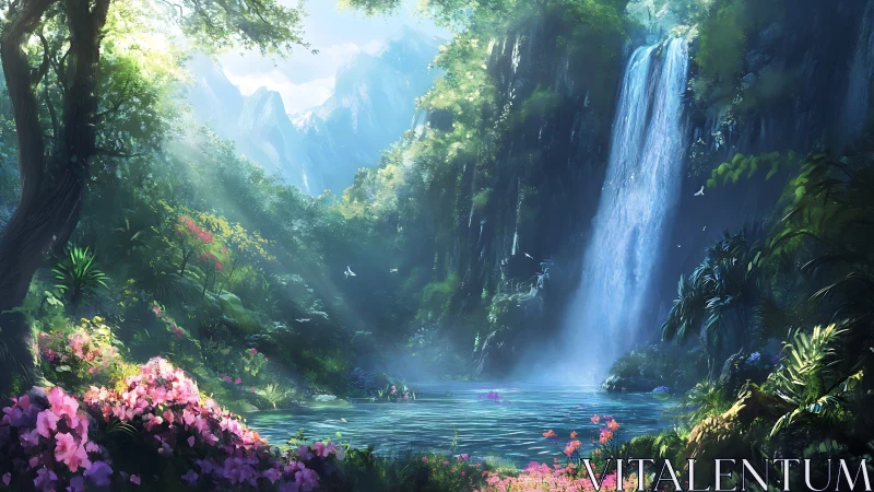 Lush forest waterfall and pond in bright morning light.