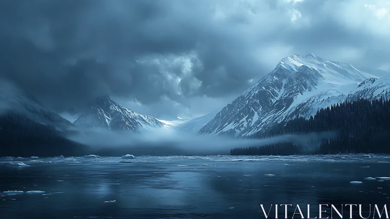 Snow-covered mountain lake under dense storm cloud layer.