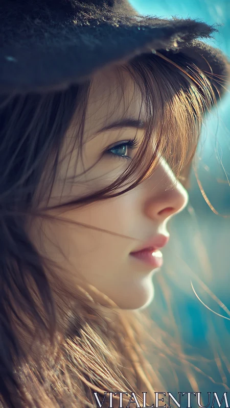 Soft light portrait captures serene profile in teal glow.