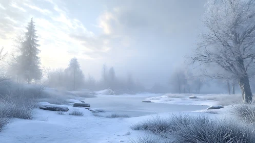 Frozen river landscape with frost covered trees and mist.