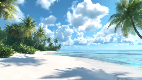 Tropical beach shoreline with palm trees and calm ocean water.